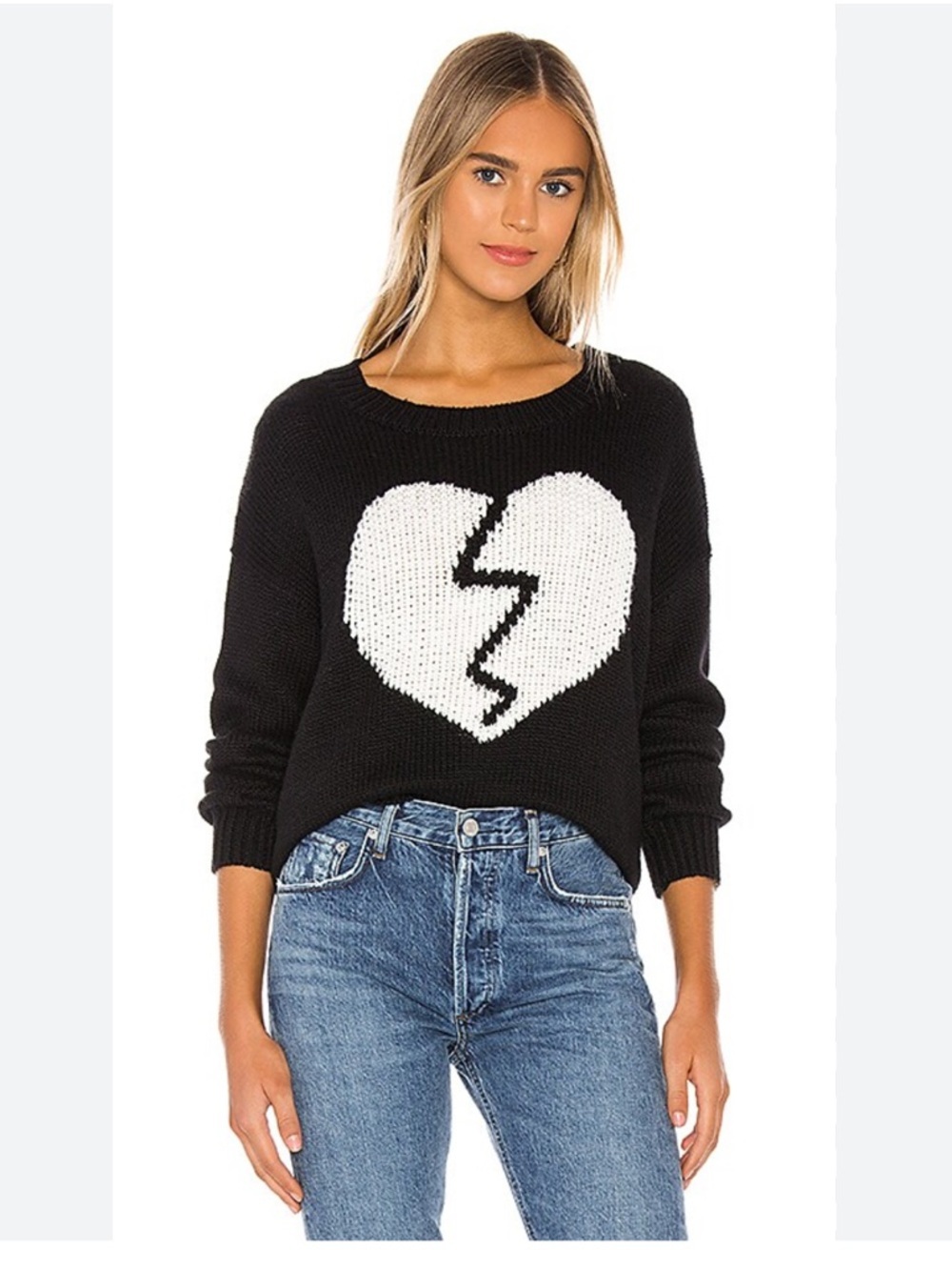 Wildfox Broekn Heart Jella Crewneck Oversized Sweater Black/White Size Small